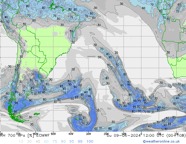 RH 700 hPa ECMWF nie. 09.06.2024 12 UTC