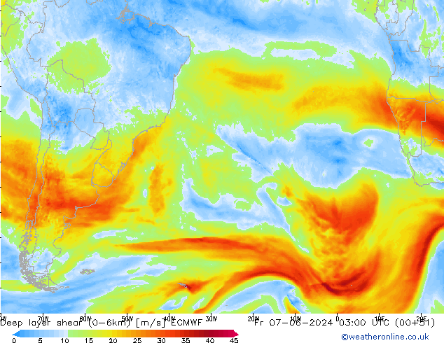 Deep layer shear (0-6km) ECMWF пт 07.06.2024 03 UTC