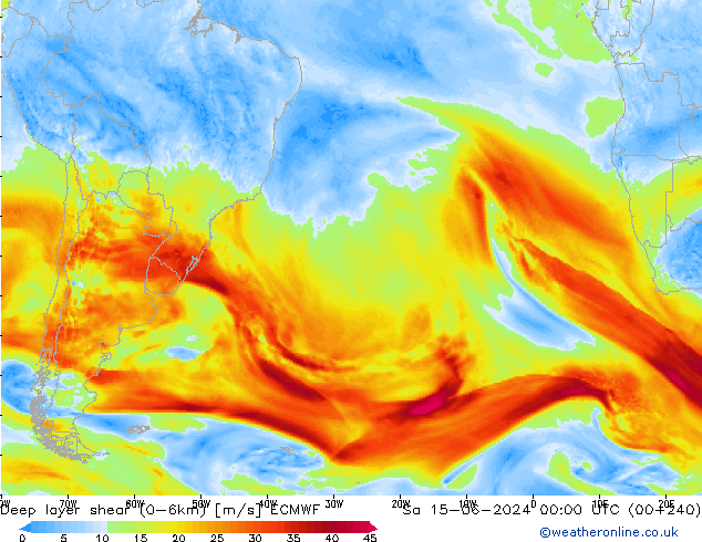 Deep layer shear (0-6km) ECMWF za 15.06.2024 00 UTC