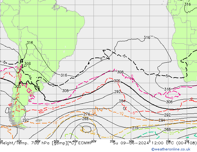 Height/Temp. 700 hPa ECMWF dom 09.06.2024 12 UTC