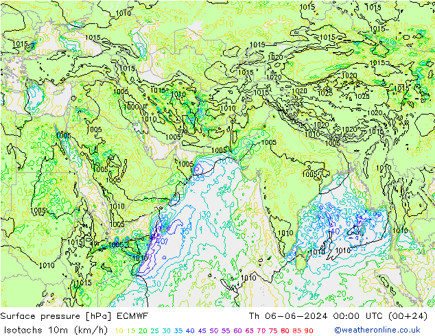 Isotachs (kph) ECMWF  06.06.2024 00 UTC