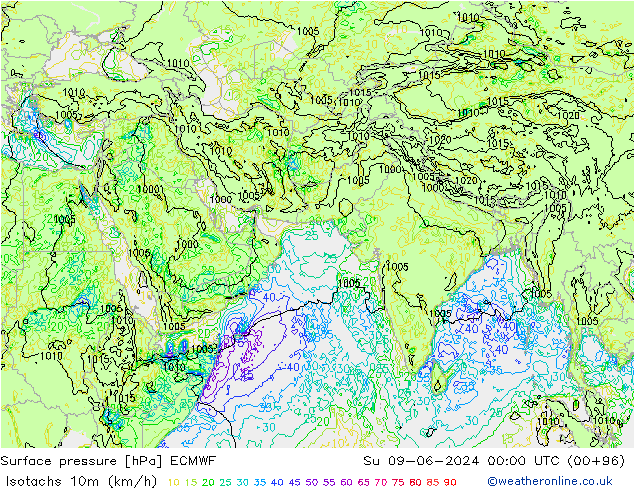 Isotachen (km/h) ECMWF zo 09.06.2024 00 UTC