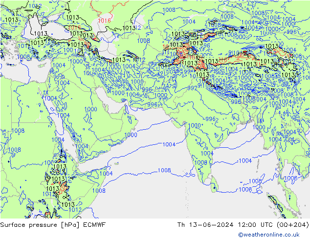 Pressione al suolo ECMWF gio 13.06.2024 12 UTC