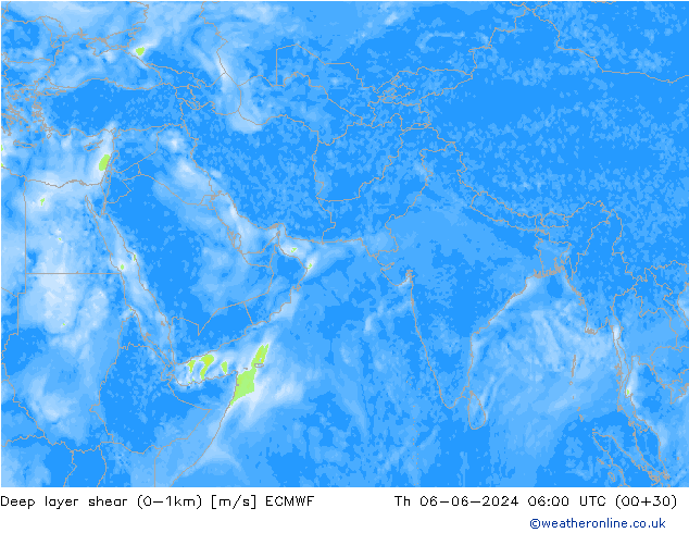 Deep layer shear (0-1km) ECMWF jue 06.06.2024 06 UTC