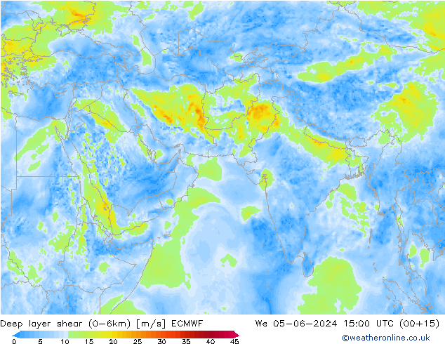 Deep layer shear (0-6km) ECMWF St 05.06.2024 15 UTC