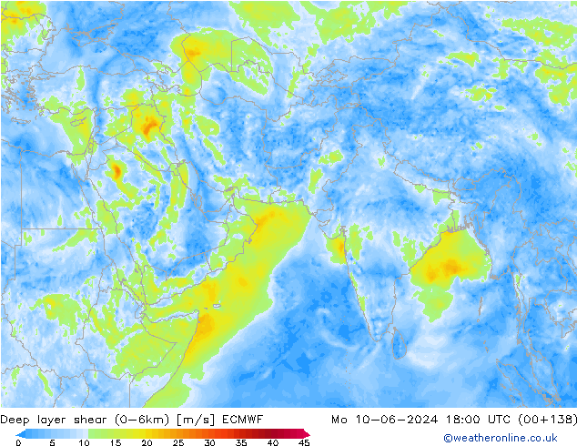 Deep layer shear (0-6km) ECMWF  10.06.2024 18 UTC