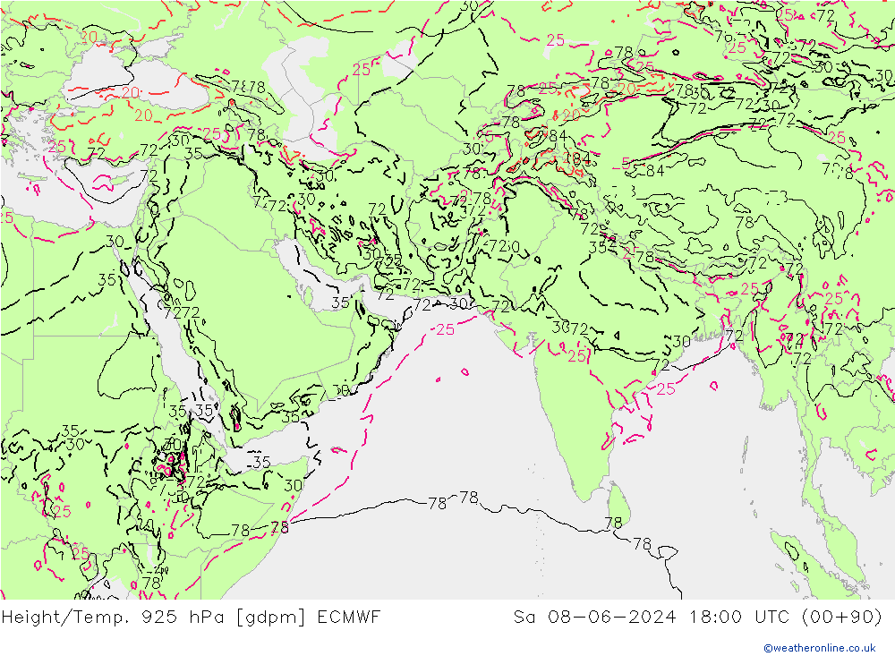 Height/Temp. 925 hPa ECMWF sab 08.06.2024 18 UTC