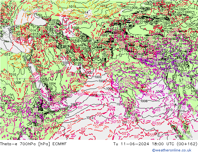 Theta-e 700hPa ECMWF Ter 11.06.2024 18 UTC