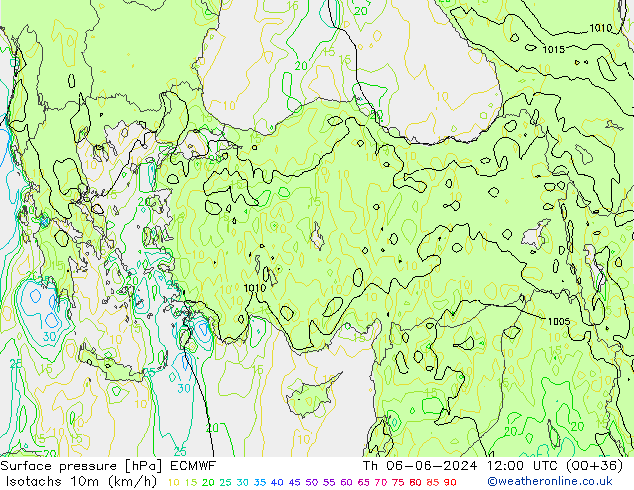 Isotachs (kph) ECMWF Qui 06.06.2024 12 UTC