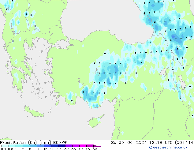 Precipitation (6h) ECMWF Su 09.06.2024 18 UTC