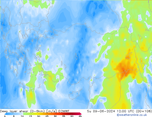 Deep layer shear (0-6km) ECMWF Su 09.06.2024 12 UTC