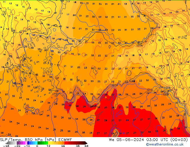 SLP/Temp. 850 hPa ECMWF mer 05.06.2024 03 UTC