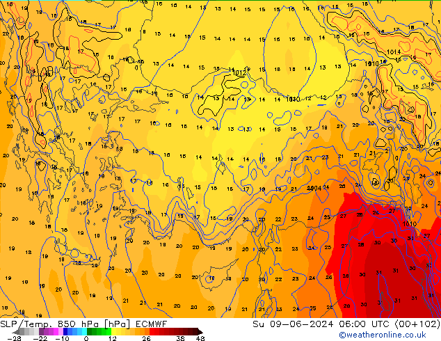 SLP/Temp. 850 гПа ECMWF Вс 09.06.2024 06 UTC