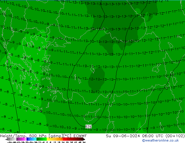 Z500/Rain (+SLP)/Z850 ECMWF Su 09.06.2024 06 UTC