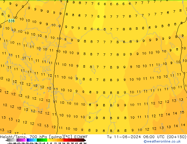 Height/Temp. 700 hPa ECMWF Ter 11.06.2024 06 UTC