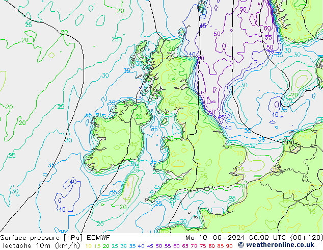 Isotachen (km/h) ECMWF ma 10.06.2024 00 UTC