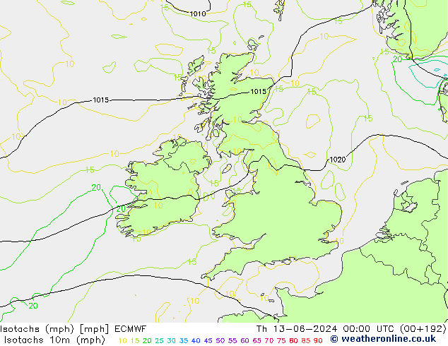 Isotachs (mph) ECMWF Th 13.06.2024 00 UTC