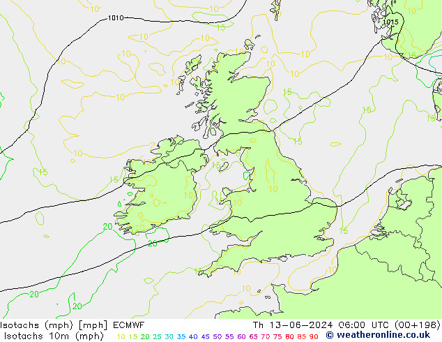 Isotachs (mph) ECMWF Th 13.06.2024 06 UTC