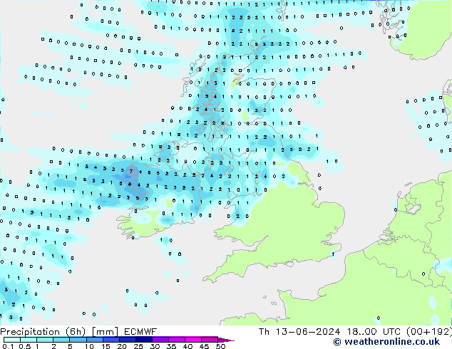 Totale neerslag (6h) ECMWF do 13.06.2024 00 UTC