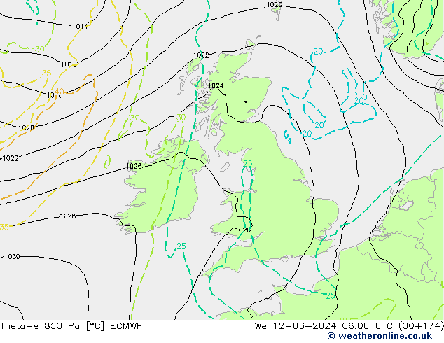 Theta-e 850hPa ECMWF mié 12.06.2024 06 UTC