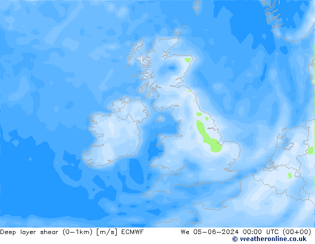 Deep layer shear (0-1km) ECMWF mer 05.06.2024 00 UTC