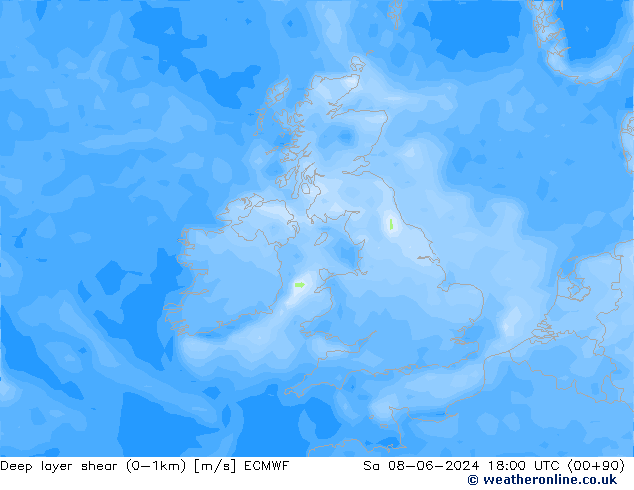 Deep layer shear (0-1km) ECMWF Cts 08.06.2024 18 UTC