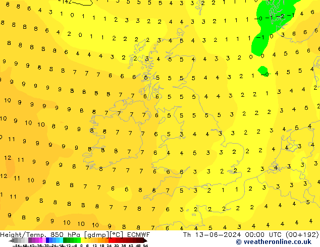 Z500/Rain (+SLP)/Z850 ECMWF Th 13.06.2024 00 UTC