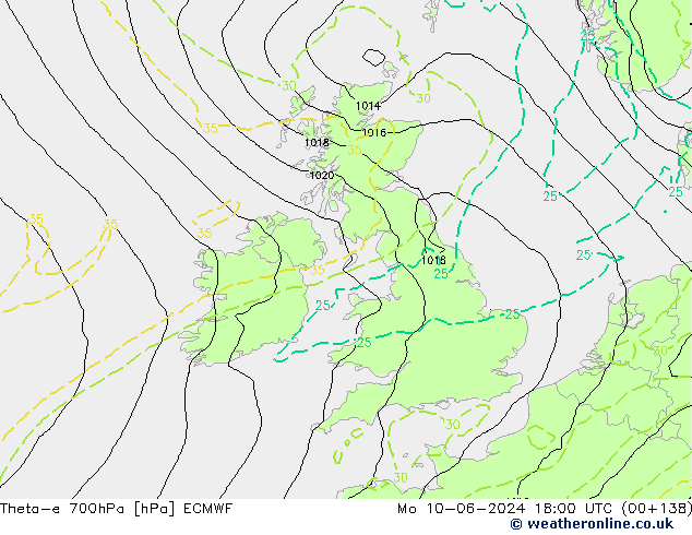 Theta-e 700hPa ECMWF Mo 10.06.2024 18 UTC