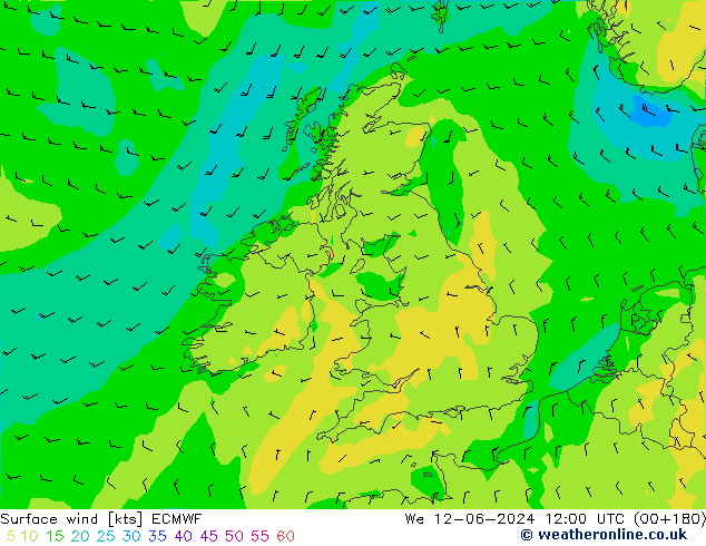 Vento 10 m ECMWF mer 12.06.2024 12 UTC