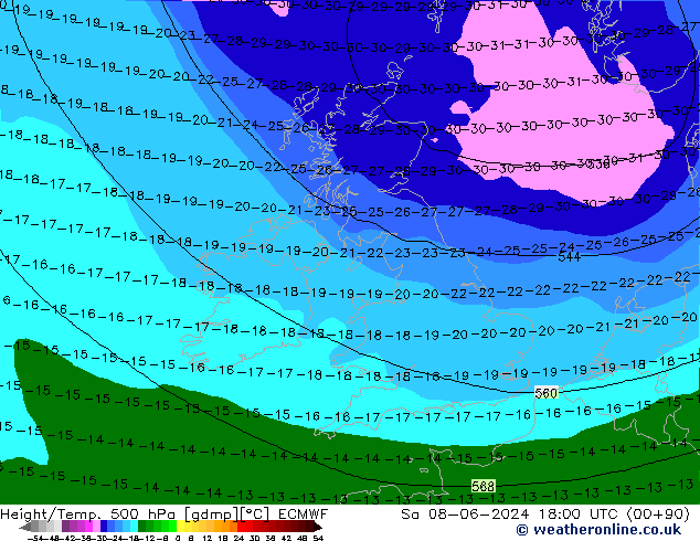 Height/Temp. 500 hPa ECMWF Sa 08.06.2024 18 UTC