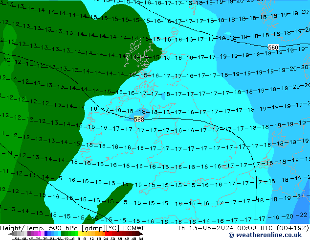 Z500/Rain (+SLP)/Z850 ECMWF Th 13.06.2024 00 UTC