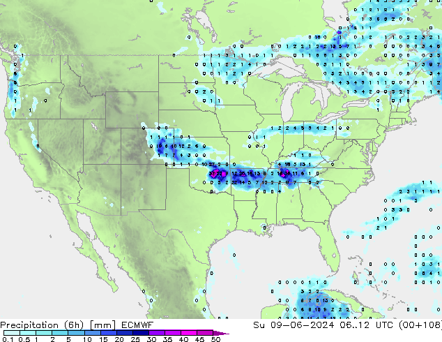 Precipitation (6h) ECMWF Su 09.06.2024 12 UTC