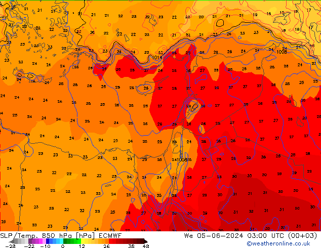 SLP/Temp. 850 hPa ECMWF Qua 05.06.2024 03 UTC