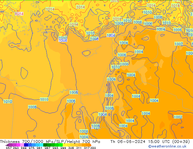 Thck 700-1000 hPa ECMWF czw. 06.06.2024 15 UTC