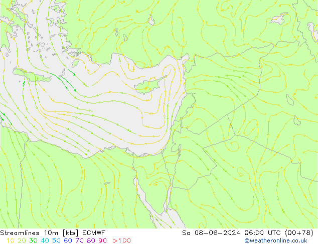 Streamlines 10m ECMWF So 08.06.2024 06 UTC