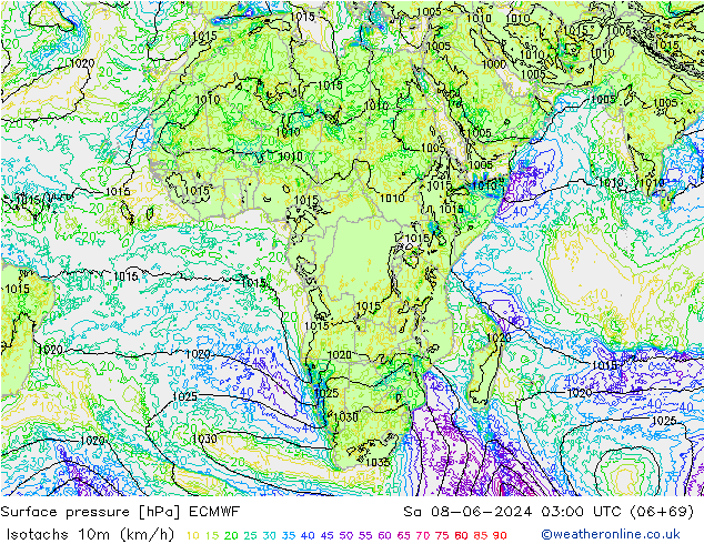 Isotachs (kph) ECMWF Sa 08.06.2024 03 UTC