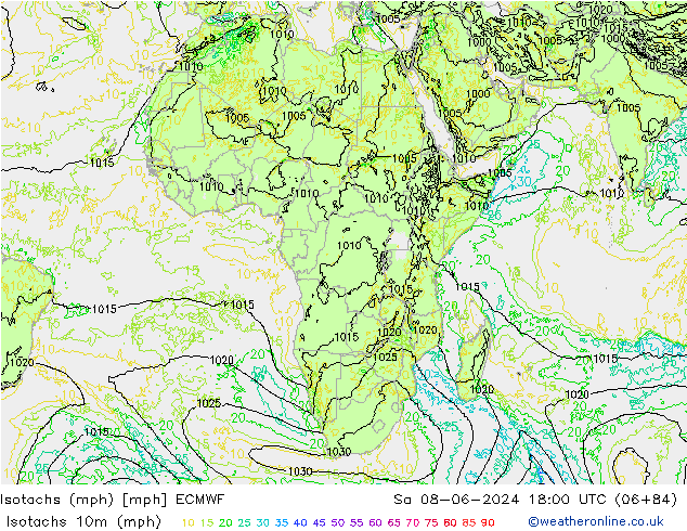 Isotachs (mph) ECMWF Sáb 08.06.2024 18 UTC