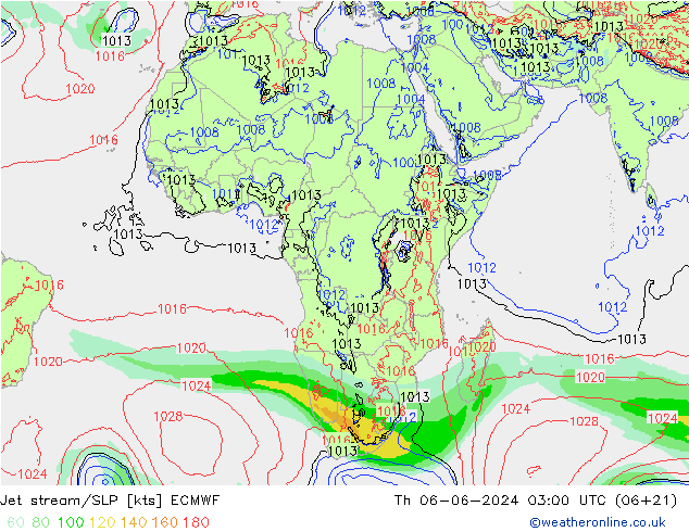 Jet stream ECMWF Qui 06.06.2024 03 UTC