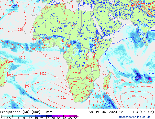 Precipitation (6h) ECMWF So 08.06.2024 00 UTC