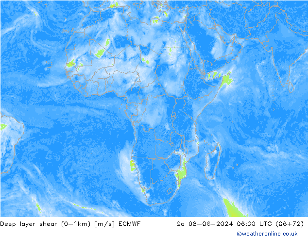 Deep layer shear (0-1km) ECMWF So 08.06.2024 06 UTC