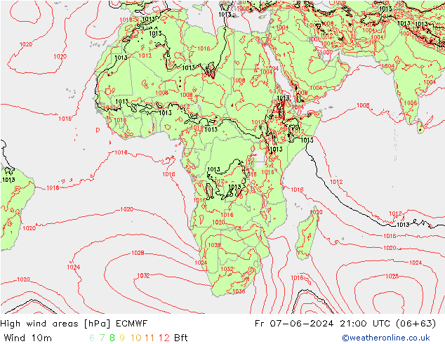 High wind areas ECMWF Pá 07.06.2024 21 UTC