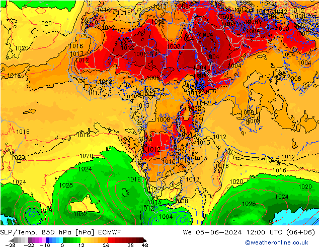 SLP/Temp. 850 hPa ECMWF Qua 05.06.2024 12 UTC