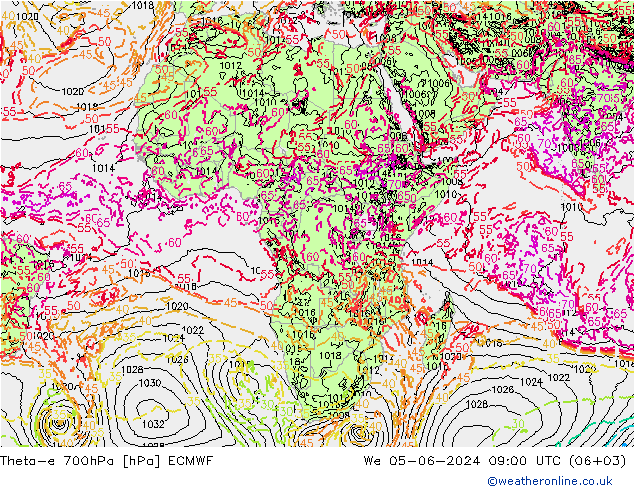 Theta-e 700hPa ECMWF Qua 05.06.2024 09 UTC