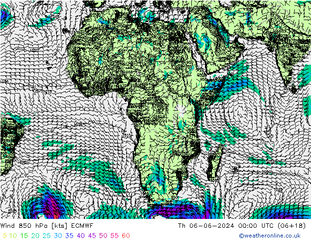 wiatr 850 hPa ECMWF czw. 06.06.2024 00 UTC