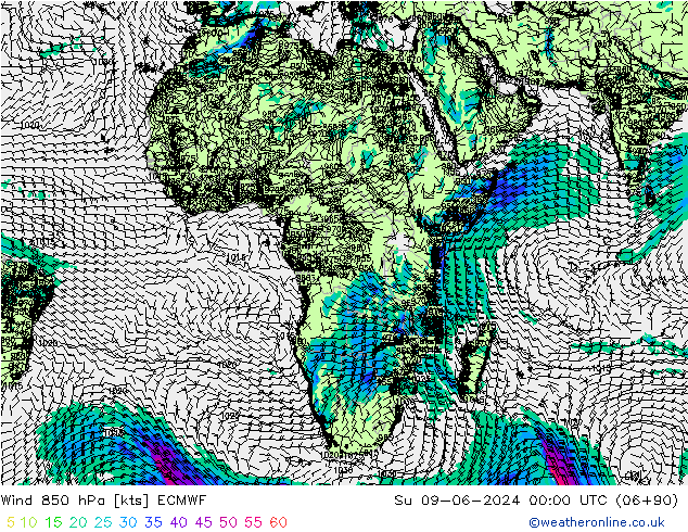 Viento 850 hPa ECMWF dom 09.06.2024 00 UTC