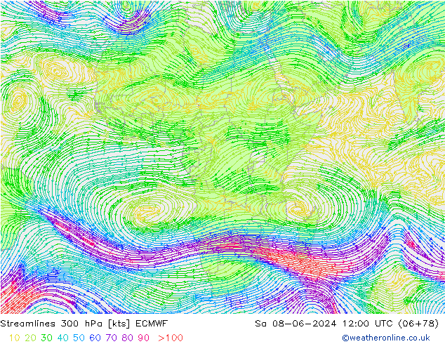 Linia prądu 300 hPa ECMWF so. 08.06.2024 12 UTC