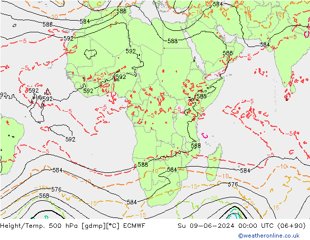 Z500/Rain (+SLP)/Z850 ECMWF Вс 09.06.2024 00 UTC