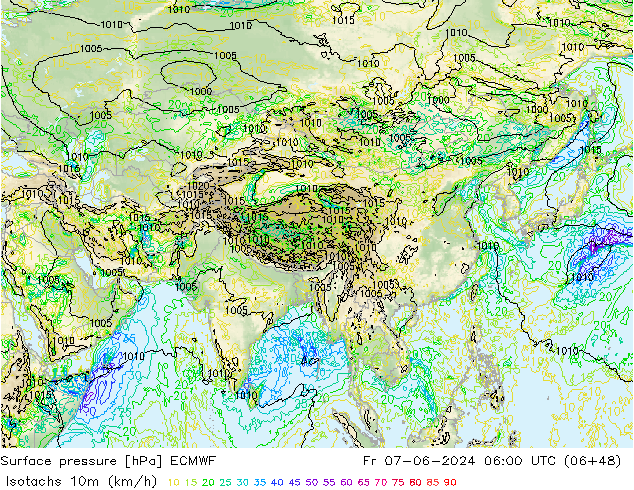 Isotachs (kph) ECMWF Fr 07.06.2024 06 UTC