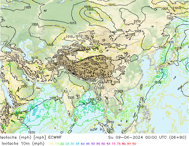 Isotachs (mph) ECMWF Su 09.06.2024 00 UTC