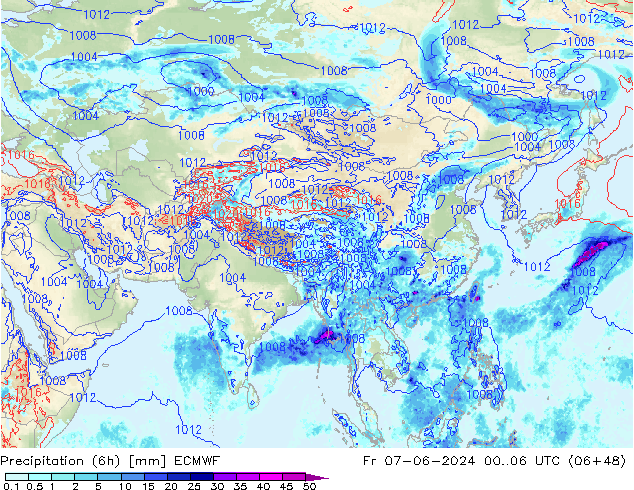 Precipitation (6h) ECMWF Fr 07.06.2024 06 UTC